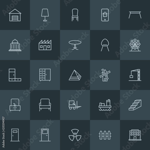 Modern Simple Set of industry, buildings, furniture Vector outline Icons. ..Contains such Icons as oil,  clothing,  chair, coffee,  house and more on dark background. Fully Editable. Pixel Perfect.