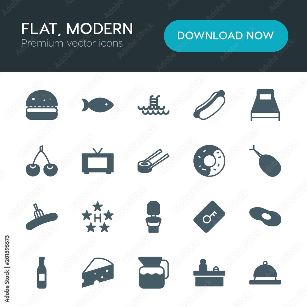 Modern Simple Set of food, hotel, drinks Vector fill Icons. ..Contains such Icons as  isolated, beverage,  sea,  salad,  lunch, scrambled and more on white background. Fully Editable. Pixel Perfect