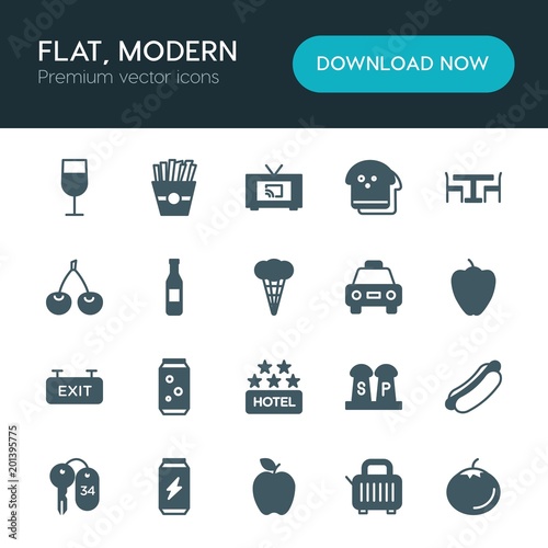 Modern Simple Set of food, hotel, drinks Vector fill Icons. ..Contains such Icons as  can, food,  nature, salt,  alcohol, hotel,  flat,  tv and more on white background. Fully Editable. Pixel Perfect