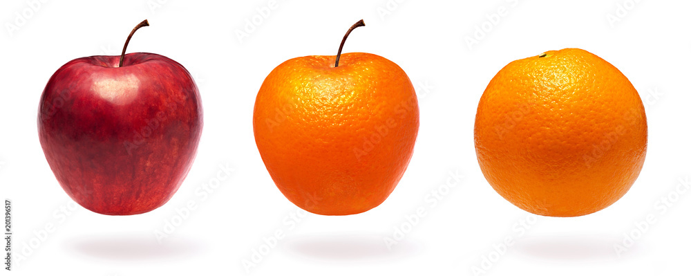 Normal apple, orange and apple with orange peel Normal apple, orange and apple with orange peel