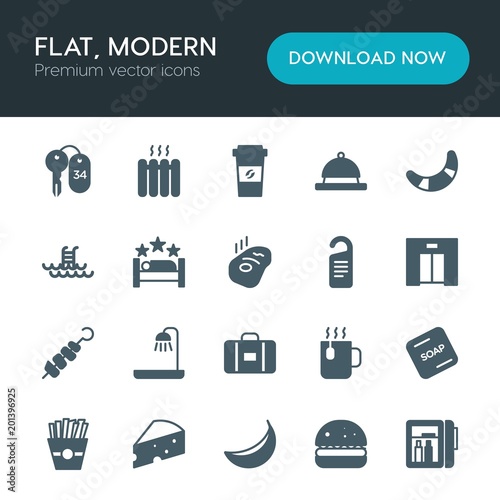 Modern Simple Set of food, hotel, drinks Vector fill Icons. ..Contains such Icons as cheese,  piece,  energy,  room,  yellow,  drink,  snack and more on white background. Fully Editable. Pixel Perfect