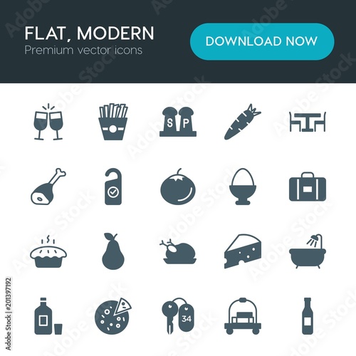Modern Simple Set of food, hotel, drinks Vector fill Icons. ..Contains such Icons as  celebration,  french, hotel,  piece,  bottle,  lock and more on white background. Fully Editable. Pixel Perfect