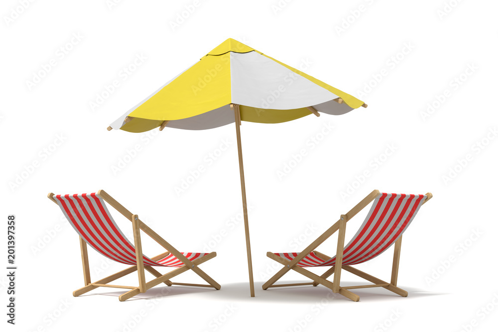 Fototapeta premium 3d rendering of a white and yellow beach umbrella standing above two deck chairs.