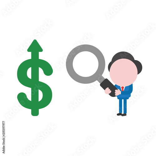Vector illustration businessman holding magnifying glass and looking dollar with arrow up