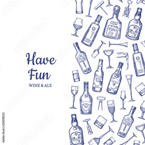 Vector hand drawn alcohol drink bottles and glasses background illustration with place for text