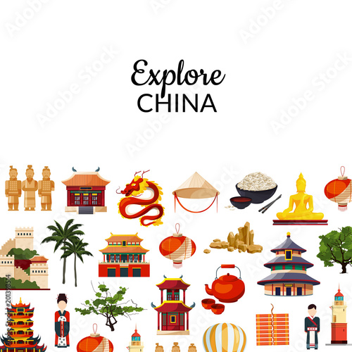 Vector flat style china elements and sights illustration