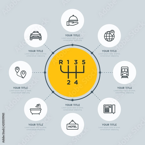 Circle network chart transports, hotel, location infographic template with 8 options for presentations, advertising, annual reports.