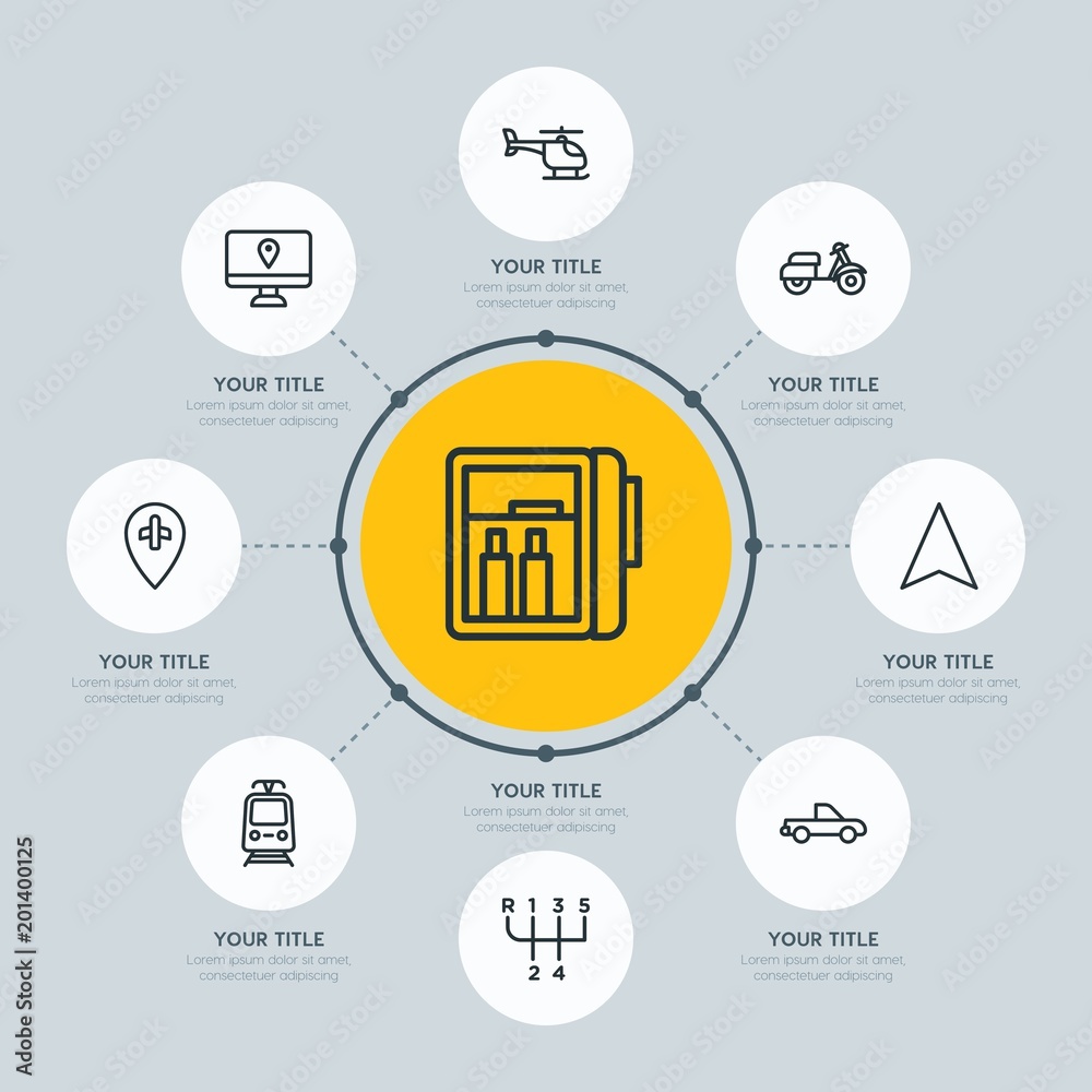 Circle network chart transports, hotel, location infographic template with 8 options for presentations, advertising, annual reports. Circle network chart transports, hotel, location infographic template with 8 options for presentations, advertising, annual reports.