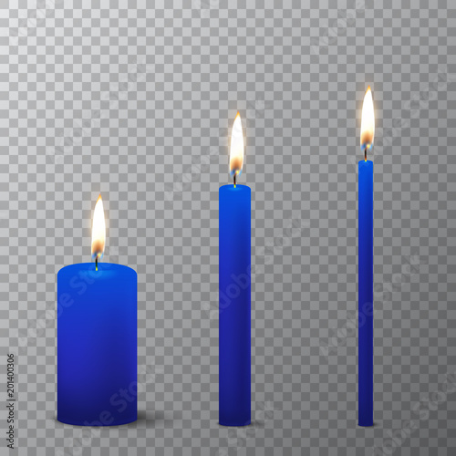 Vector 3d realistic different blue paraffin or wax burning party candle icon set closeup isolated on transparency grid background. Thick, medium and thin size. Design template, clipart for graphics
