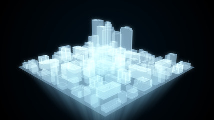 Abstract futuristic city hologram on black background 3d illustration