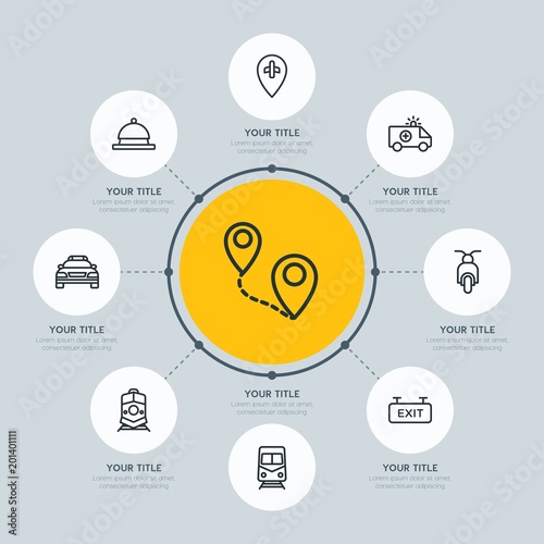 Circle network chart transports, hotel, location infographic template with 8 options for presentations, advertising, annual reports.