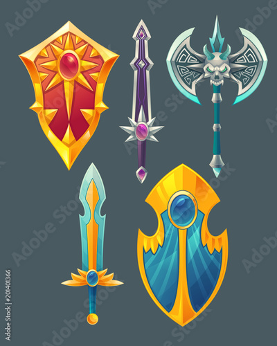 Vector set of fantasy items, fairy tale game design objects isolated on grey background. Golden sword with crystal, silver knife, blade, gilded magic shield, viking sharp axe for medieval concept.