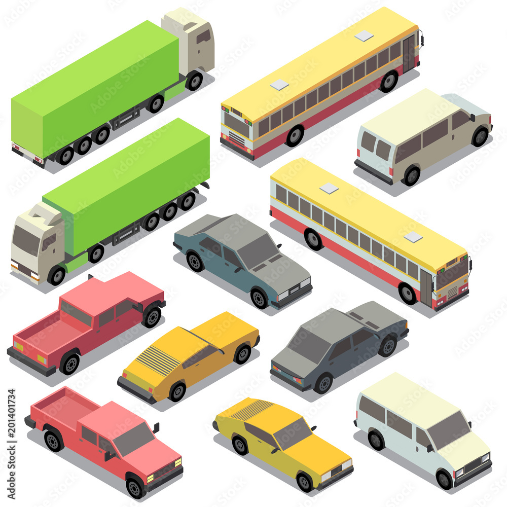 Fototapeta premium Vector set of isometric urban transportation. Cars with shadows isolated on white background. Truck, lorry, pickup, sedan, bus, sport automobile in cartoon style. City vehicles collection