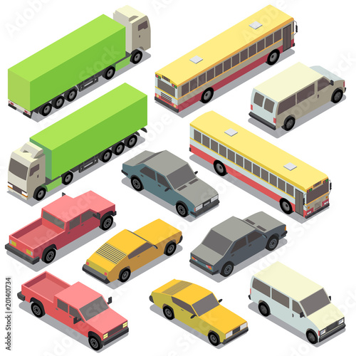 Vector set of isometric urban transportation. Cars with shadows isolated on white background. Truck, lorry, pickup, sedan, bus, sport automobile in cartoon style. City vehicles collection