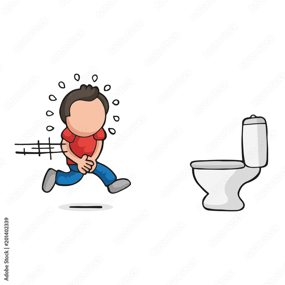 Vector hand-drawn cartoon of man running to pee on toilet bowl Stock Vector  | Adobe Stock