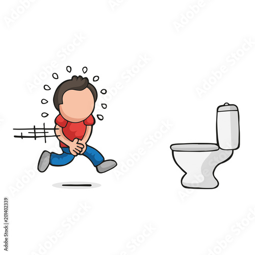 Vector hand-drawn cartoon of man running to pee on toilet bowl