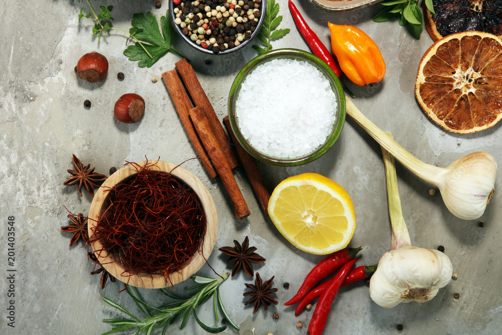 Spices and herbs on table. Food and cuisine ingredients. Spices and herbs on table. Food and cuisine ingredients.