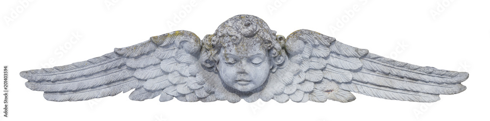 Close up of angel with wings. Vintage ancient stone statue, fragment.