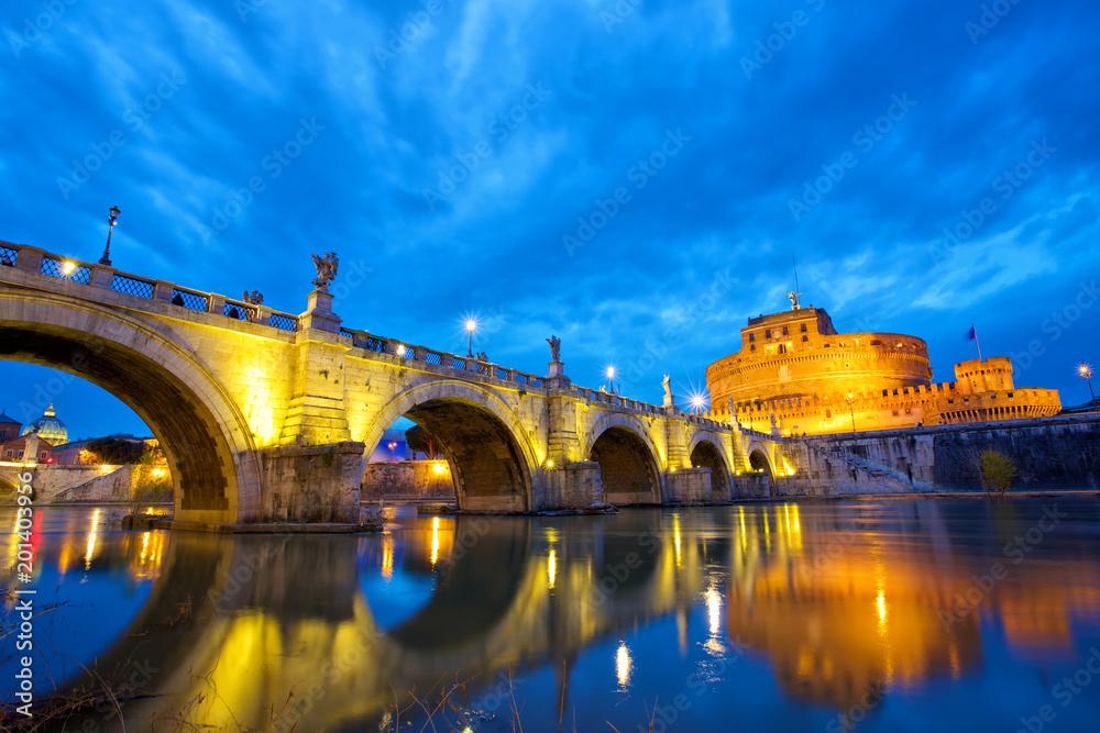 Castel and bridge Sant'Angelo in Rome at dusk, Italy