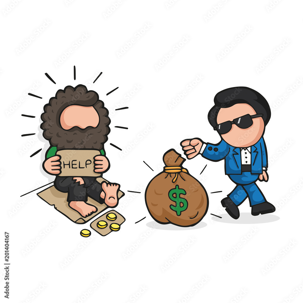 Vector hand-drawn cartoon of rich man giving money bag to homeless Stock  Vector | Adobe Stock