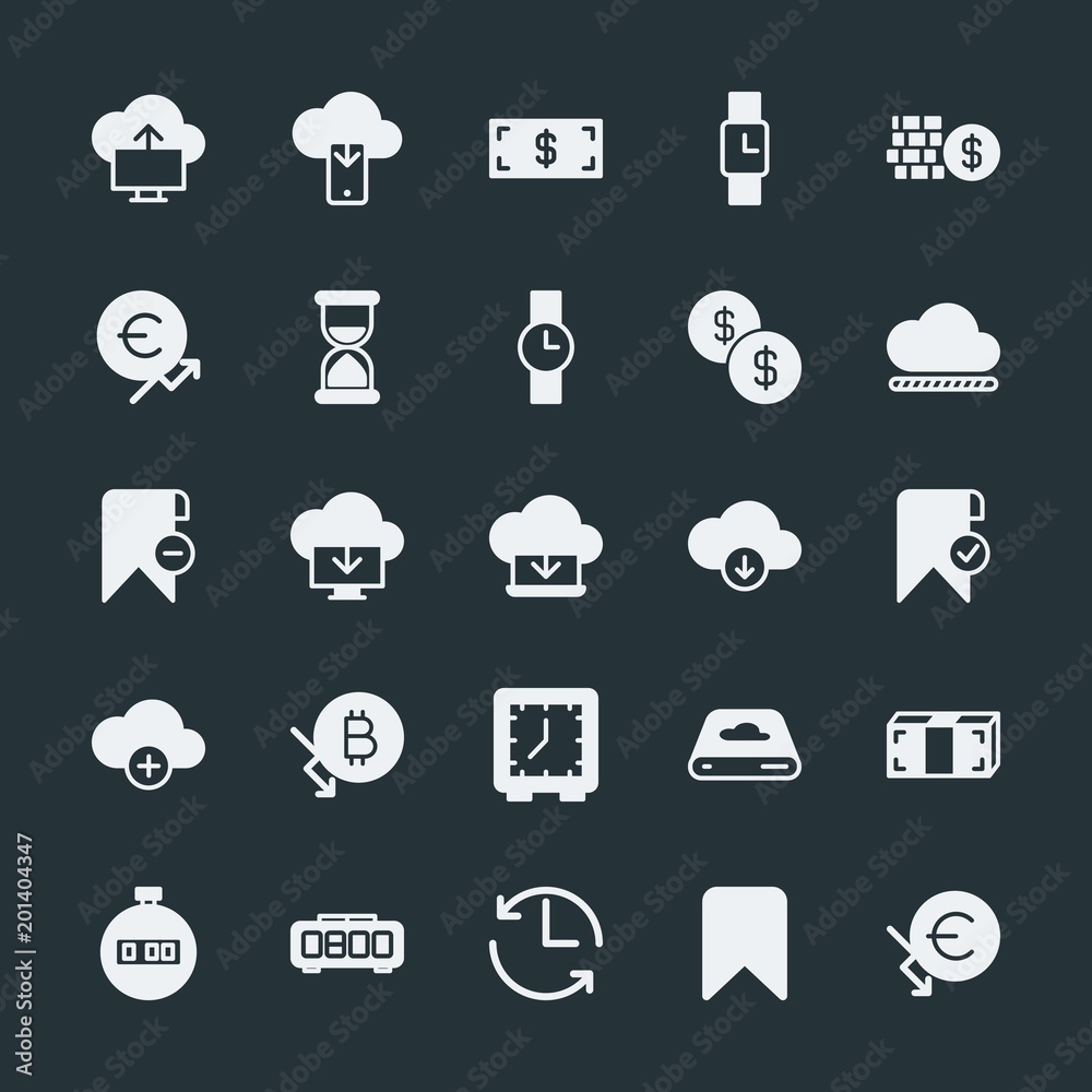 Modern Simple Set of money, cloud and networking, time, bookmarks Vector fill Icons. ..Contains such Icons as clock, fashion, tag, alarm and more on dark background. Fully Editable. Pixel Perfect. Modern Simple Set of money, cloud and networking, time, bookmarks Vector fill Icons. ..Contains such Icons as clock, fashion, tag, alarm and more on dark background. Fully Editable. Pixel Perfect.