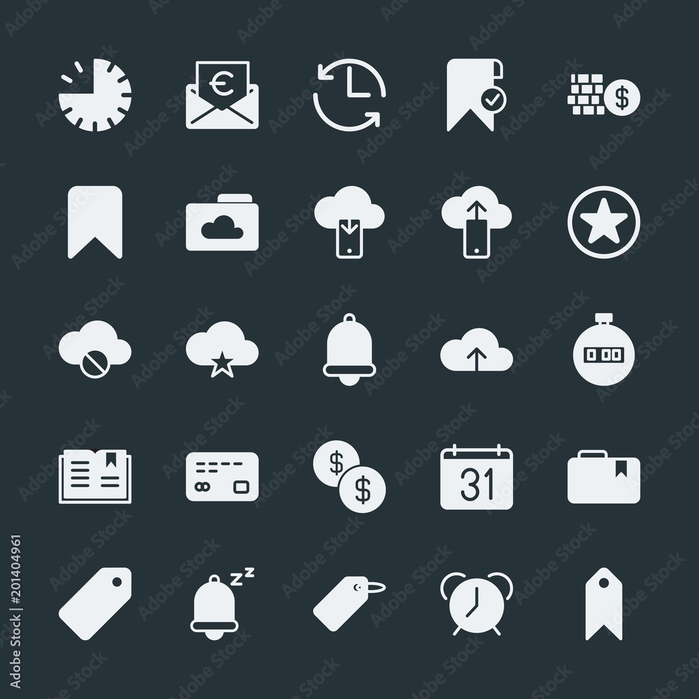 Modern Simple Set of money, cloud and networking, time, bookmarks Vector fill Icons. ..Contains such Icons as time, new, mark, alarm, tag and more on dark background. Fully Editable. Pixel Perfect. Modern Simple Set of money, cloud and networking, time, bookmarks Vector fill Icons. ..Contains such Icons as time, new, mark, alarm, tag and more on dark background. Fully Editable. Pixel Perfect.