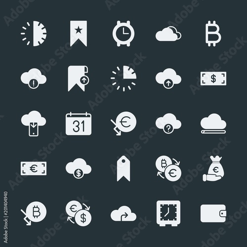 Modern Simple Set of money, cloud and networking, time, bookmarks Vector fill Icons. ..Contains such Icons as money, minute, add, vector and more on dark background. Fully Editable. Pixel Perfect.