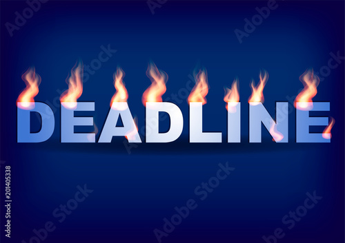 Word DEADLINE with flames on the blue background. Vector illustration.