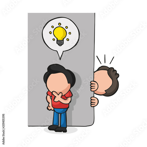 Vector hand-drawn cartoon of man spying on man with light bulb icon idea behind wall