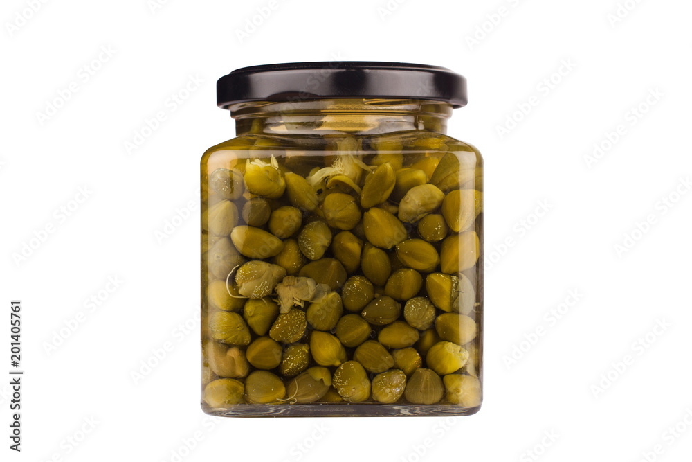 jar of capers on white background jar of capers on white background