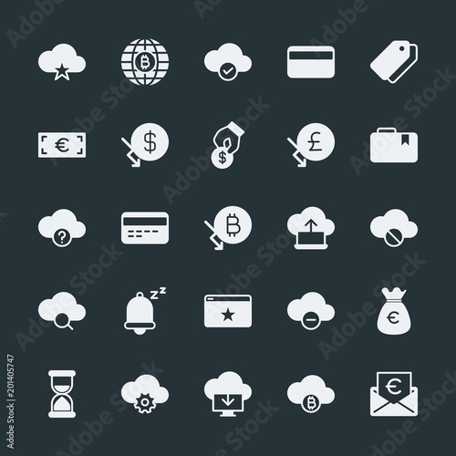Modern Simple Set of money, cloud and networking, time, bookmarks Vector fill Icons. ..Contains such Icons as label, favorite, currency and more on dark background. Fully Editable. Pixel Perfect.