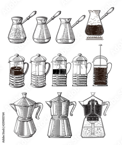 Vector hand drawn illustration set of coffee preparation. Pour over brewer coffee kettle french press moka pot and cezve.