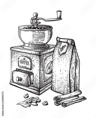 vector illustration of coffee grinder Cup beans collection packing retro cinnamon