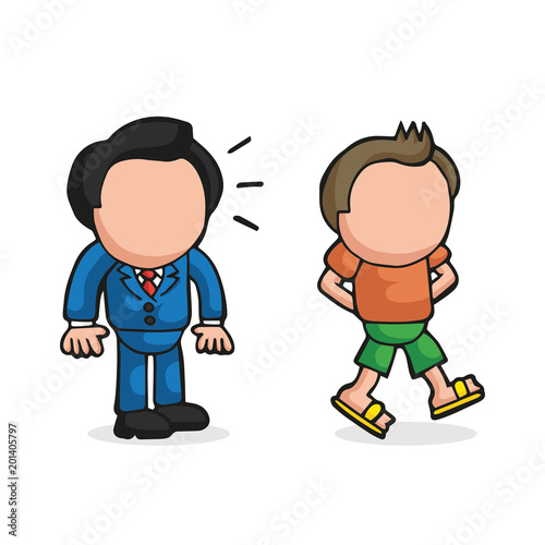 Vector hand-drawn cartoon of businessman looking and envy happy-go-lucky man walking in casual attire