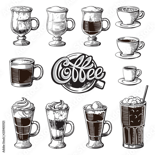 Different coffee drinks isolated on white background. Espresso macchiato chocolate ristretto mocha irish cocoa frappe glace americano latte cappuccino.
