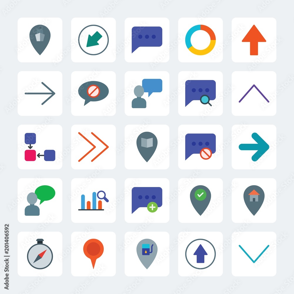 Modern Simple Set of location, arrows, charts, chat and messenger Vector flat Icons. .Contains such Icons as  ship,  business,  up, left, sea and more on gray background. Fully Editable. Pixel Perfect