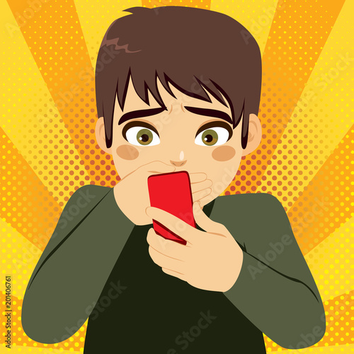 Teenager boy with hand on mouth looking shocked phone screen cyber bullying concept receiving message on mobile smartphone