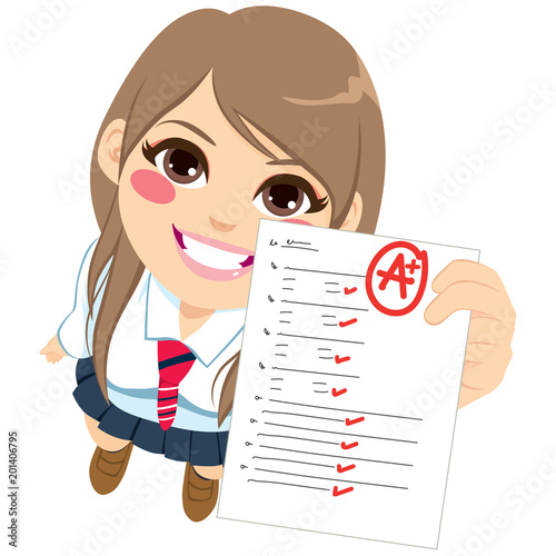Close up top view of teenager student girl showing perfect A plus test exam result