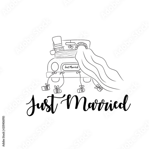 Just married bride and groom in car traveling to honeymoon. Wedding invitation, poster or print. Vector illustration.