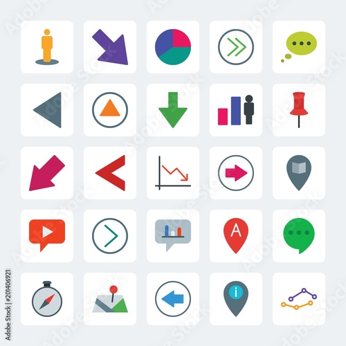 Modern Simple Set of location, arrows, charts, chat and messenger Vector flat Icons. .Contains such Icons as  left,  communication, arrow, up and more on gray background. Fully Editable. Pixel Perfect