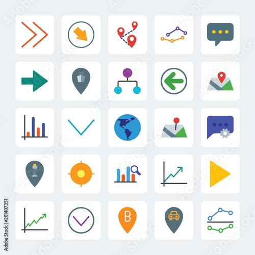 Modern Simple Set of location, arrows, charts, chat and messenger Vector flat Icons. .Contains such Icons as  map,  line, growth, message and more on gray background. Fully Editable. Pixel Perfect