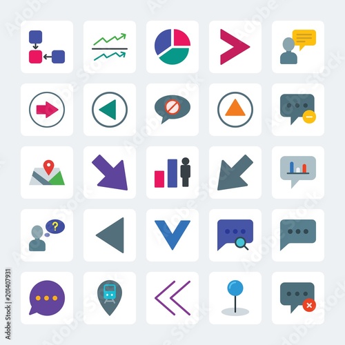 Modern Simple Set of location, arrows, charts, chat and messenger Vector flat Icons. .Contains such Icons as previous, presentation, stock and more on gray background. Fully Editable. Pixel Perfect