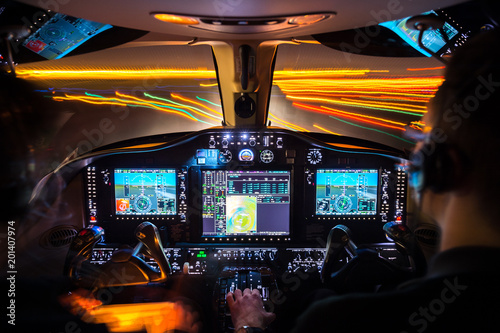 Jet cockpit during night landing