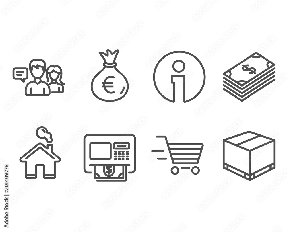 Set of Dollar, Money bag and Delivery shopping icons. People talking, Atm and Delivery box signs. Usd currency, Euro currency, Online buying. Contact service, Money withdraw, Cargo package. Vector Set of Dollar, Money bag and Delivery shopping icons. People talking, Atm and Delivery box signs. Usd currency, Euro currency, Online buying. Contact service, Money withdraw, Cargo package. Vector
