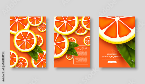 Grapefruit poster set. Sliced pieces with leaves and water drop. Fruit template for brochure, layout design, banner, cover, flyer. Vector illustration.