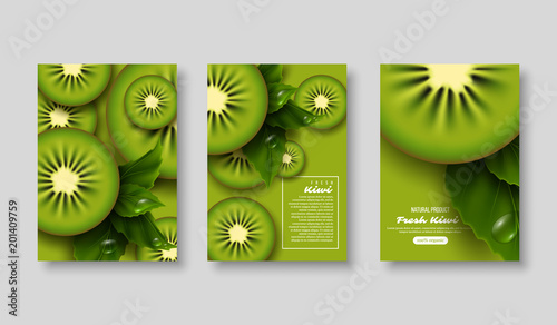 Kiwi poster set. Sliced pieces with leaves and water drop. Fruit template for brochure, layout design, banner, cover, flyer. Vector illustration.