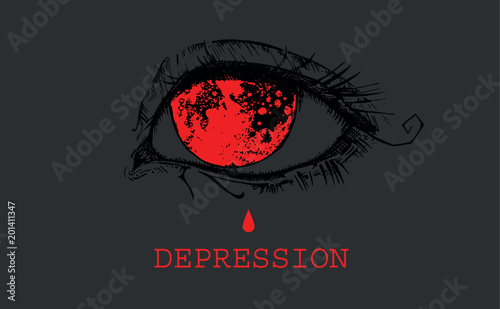 Beautiful ink hand drawn eye with inscription "depression". Mental illness poster. Graphic eye with shining moon instead of iris, and falling tear.