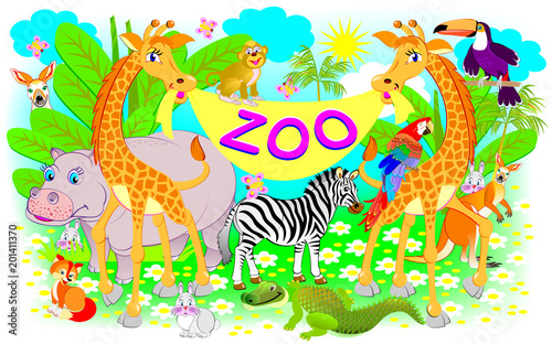 Poster for zoo. Illustration of two giraffes and other cheerful animals. Vector cartoon image.