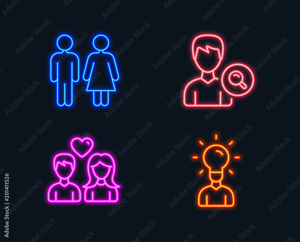 Neon lights. Set of Restroom, Search people and Couple love icons. Education sign. Wc toilet, Find profile, People in love. Human idea.  Glowing graphic designs. Vector