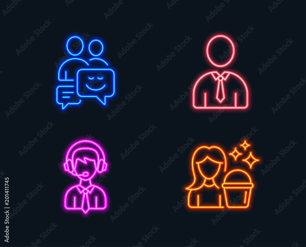 Neon lights. Set of Communication, Human and Shipping support icons. Cleaning sign. Business messages, Person profile, Delivery manager. Maid service. Glowing graphic designs. Vector Neon lights. Set of Communication, Human and Shipping support icons. Cleaning sign. Business messages, Person profile, Delivery manager. Maid service. Glowing graphic designs. Vector